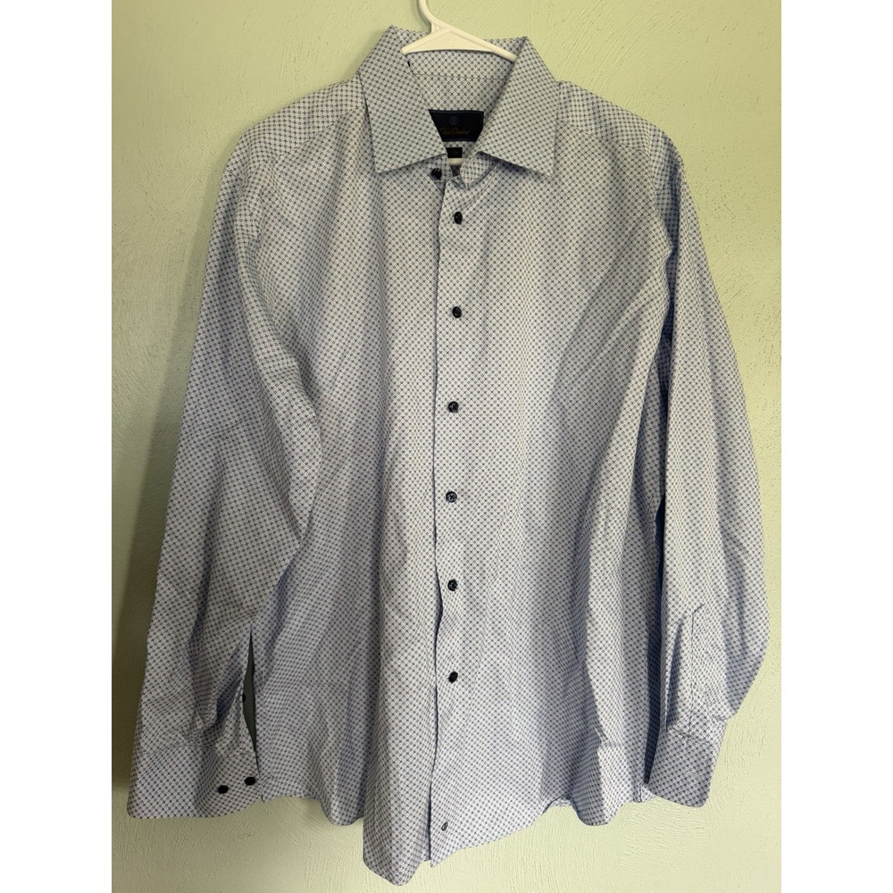 David Donahue Mens Trim Fit Dress Shirt Blue Micro Geometric 17 34/35 L/S